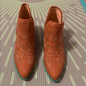 Brown and teal womens ankle boots.